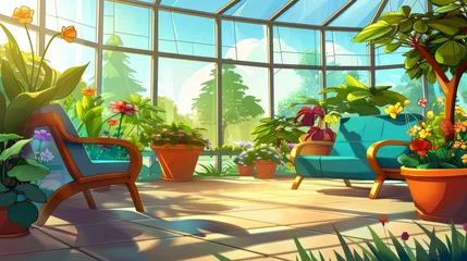 Poster An indoor greenhouse garden with a flower in a pot. A window cartoon background with plants on terrace. An indoor cultivation area on patio with a chair. © Mark