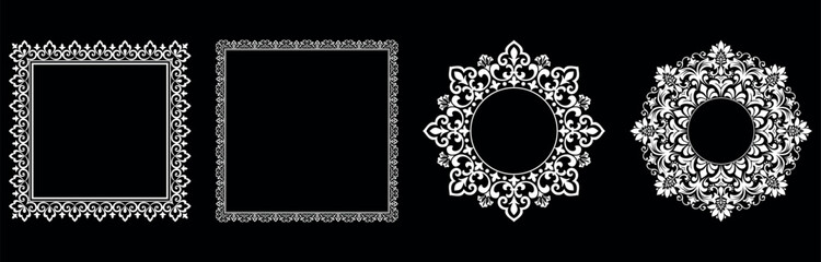 Set of decorative frames Elegant vector element for design in Eastern style, place for text. Floral black and white borders. Lace illustration for invitations and greeting cards. - 791874265