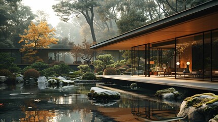 Modern House with Japanese Garden at Dusk