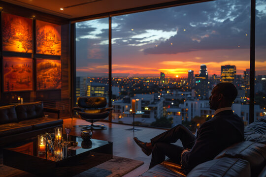 A sophisticated male billionaire in formal suit resing on sofa at his luxurious penthouse with stunning sunset city views