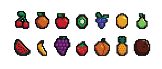 Retro pixel art food isolated icons with 8bit pixel fruits and vegetables. Vintage 8 bit console game asset, computer arcade vector items set with berries and exotic fruits - 791874413