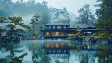 Fototapeta premium Tranquil Japanese Garden With Traditional House