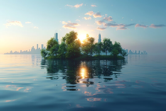 Morning glow over a peaceful city island, suitable for urban development and real estate visuals. World Ocean Day. - Powered by Adobe