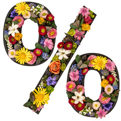 Percent sign made of real natural flowers and leaves on white background. - 791874652