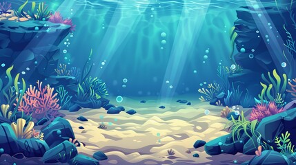 Underwater seabed with corals, seaweeds, stones and sand. Cartoon illustration of an ocean or aquarium floor with tropical plants and light rays. Marine landscape with algae.