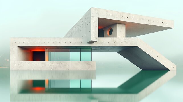 Futuristic concrete architecture reflecting on water: Artistic contemporary building design with concrete structure and colorful window accents, mirrored in calm waters
