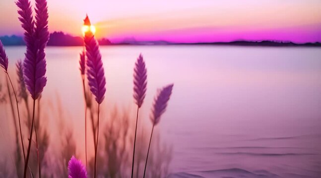 Little grass stem close-up with sunset over calm sea sun going down over horizon Pink purple pastel watercolor soft tones