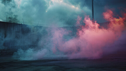 Eerie mist of colorful smoke enveloping a dark ground, emitting a toxic odor and creating an unsettling atmosphere reminiscent of a haunted stadium.