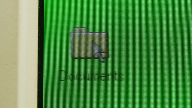 Retro pc with loading code console, programmer open my documents, green basic screen, Old computer studio close-up, Desktop vintage retro wave display, late 90s PC.
