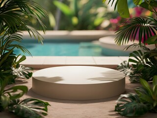 Podium for product presentation with pool background. Mock-up for exhibitions or display of cosmetic and Spa products or packaging. 3d rendering.