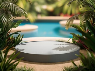 Podium for product presentation with pool background. Mock-up for exhibitions or display of cosmetic and Spa products or packaging. 3d rendering.