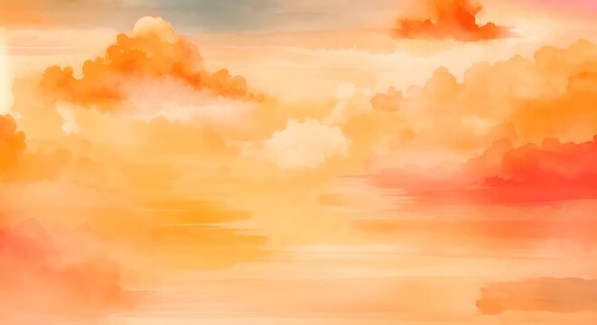 A warm, abstract watercolor painting of a sky with clouds in orange tones.