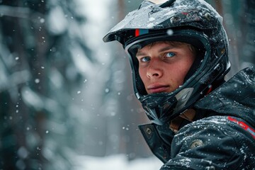 Man wearing helmet in snow