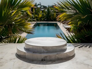 Marble Podium for product presentation with pool background. Mock-up for exhibitions or display of cosmetic and Spa products or packaging. 3d rendering.