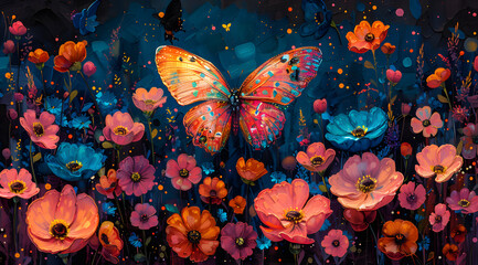 Fantasy Glow: Iridescent Butterflies and Vivid Flowers in Surreal Garden