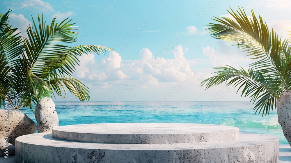Poster marble podium for product display and presentation. summer beach mockup with white sand, palm trees 