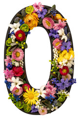 Letter O made of real natural flowers and leaves on white background isolated.