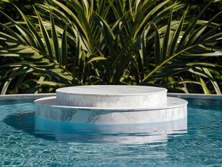 Marble Podium for product presentation with pool background. Mock-up for exhibitions or display of cosmetic and Spa products or packaging. 3d rendering.