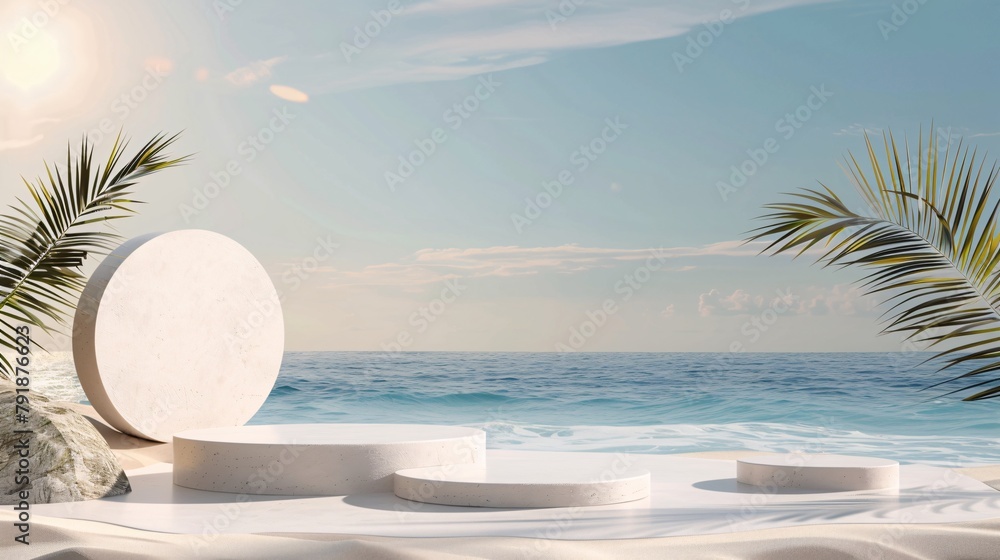 Poster marble podium for product display and presentation. summer beach mockup with white sand, palm trees 