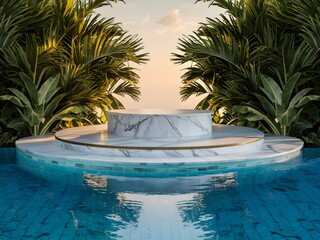 Marble Podium for product presentation with pool background. Mock-up for exhibitions or display of cosmetic and Spa products or packaging. 3d rendering.