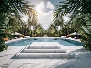 Marble Podium for product presentation with pool background. Mock-up for exhibitions or display of cosmetic and Spa products or packaging. 3d rendering.