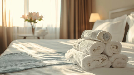 Clean white towels on fresh linens in a hotel room. Hotel room cleaning