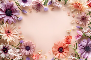 Obraz premium Floral background feminine flowers in pastel colors. Valentine's day, Mother's day, Women's day postcard. Flat lay copy space.