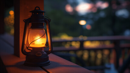 Fototapeta na wymiar Oil lamp on a porch during a twilight evening