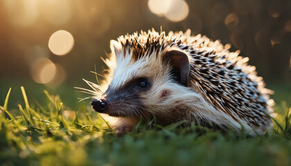 Illustation young beautiful hedgehog in natural habitat outdoors in the nature. - obrazy, fototapety, plakaty