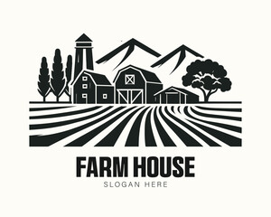 Farm House vector and farm market logo with vintage farm buildings in woodcut style