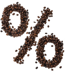 Percent sign of scattered coffee beans isolated on white.