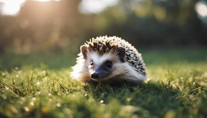 Illustation young beautiful hedgehog in natural habitat outdoors in the nature. - obrazy, fototapety, plakaty