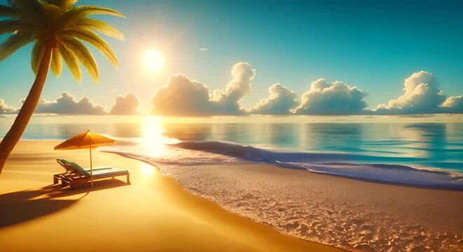 A breathtaking beach view with a palm tree, sunbed under an umbrella, and a warm sunrise over a peaceful ocean.