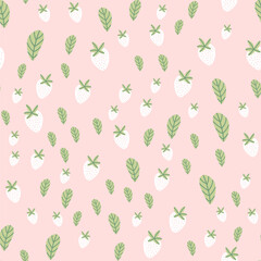 Seamless pattern wild strawberries and flowers, perfect for summer. This seasonal wallpaper captures the charm of strawberries, suitable for fabric, wrapping paper.