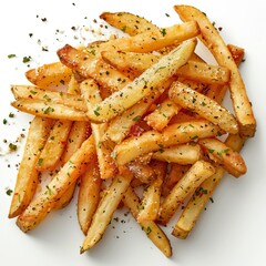 A pile of crispy french fries, seasoned with salt, pepper, and herbs.