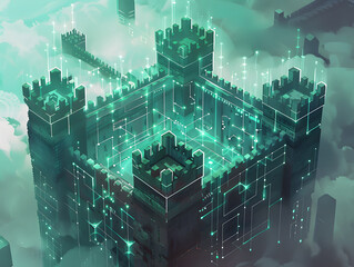 An illustration of a digital fortress surrounded by firewalls, depicting the concept of robust cybersecurity protection. Caption: "Fortify Your Digital Kingdom