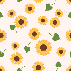 Seamless pattern with sunflower and green leaves on pink background vector.