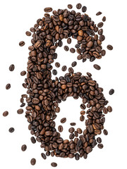 Number 6 made from roasted coffee beans on white isolated background.