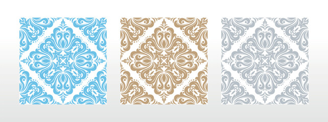 Wallpapers in the style of Baroque. Seamless vector backgrounds. Set of colored floral ornaments. Graphic patterns for fabric, wallpaper, packaging. Ornate Damask flower ornaments - 791878001