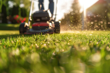 closeup of man with lawn mower cutting grass