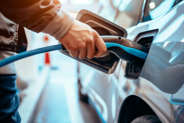Close-up of a hand connecting a charging cable to an electric vehicle, highlighting clean transportation, symbolizing progress in sustainable mobility.