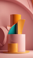 A colorful abstract composition of geometric shapes on a pink background