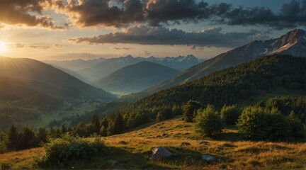 morning in the mountains, view of the mountains, panorama of the mountains, Breathtaking panorama of morning rain wild nature high in mountains