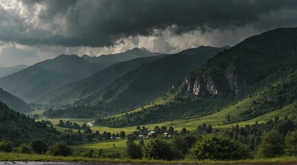 view of the mountains, panorama of the mountains, Breathtaking panorama of morning rain wild nature high in mountains
