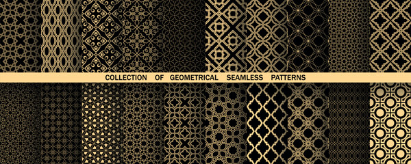 Geometric set of seamless black and gold patterns. Simple vector graphics - 791878834
