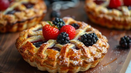 Closeup of homemade berry tartlets with fresh berries on wooden board - obrazy, fototapety, plakaty