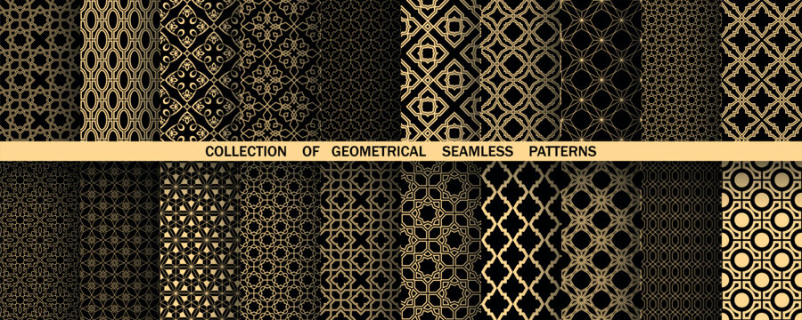 Geometric set of seamless black and gold patterns. Simple vector graphics