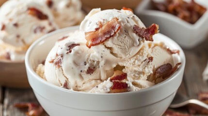 Scoops of vanilla ice cream with bacon in a bowl - obrazy, fototapety, plakaty