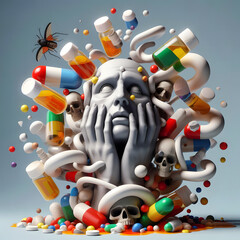surreal man's face surrounded by pills - 791879070