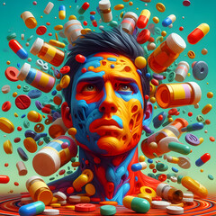 surreal man's face surrounded by pills - 791879071